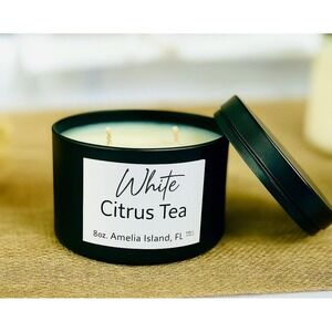 White‎ Citrus Tea Candle 8oz Scented Soy Wax Black Tin Home Decor